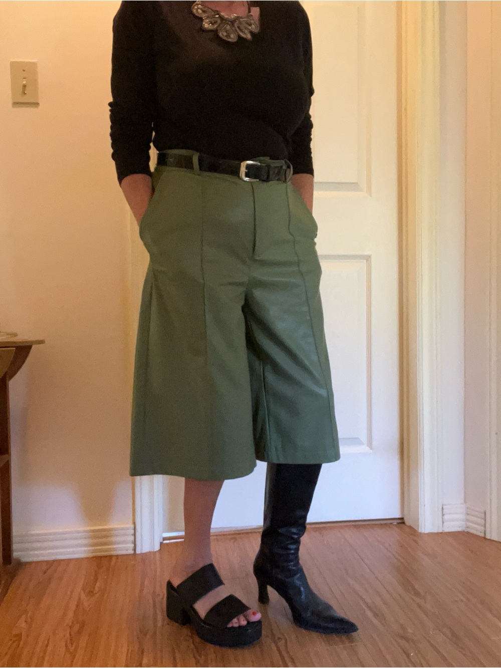 High-Waist Sage  Green Faux Leather Bermuda Shorts - Picture 8 of 8